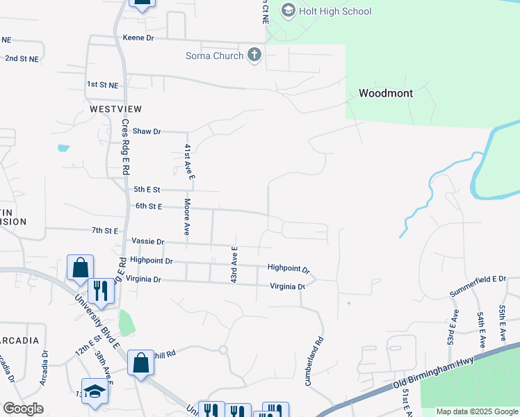 map of restaurants, bars, coffee shops, grocery stores, and more near 4506 6th Street East in Tuscaloosa