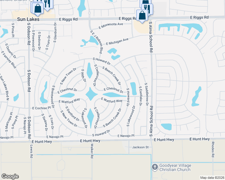map of restaurants, bars, coffee shops, grocery stores, and more near 26014 South Greencastle Drive in Sun Lakes