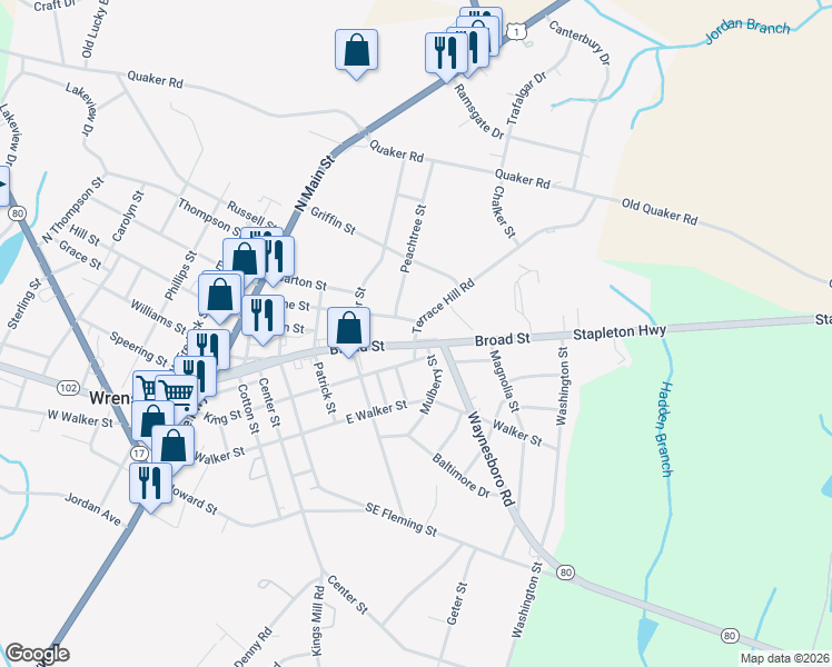 map of restaurants, bars, coffee shops, grocery stores, and more near 409 Stone Street in Wrens