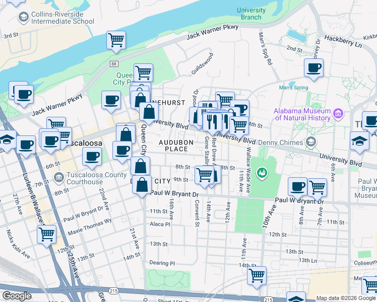 map of restaurants, bars, coffee shops, grocery stores, and more near 619 15th Avenue in Tuscaloosa
