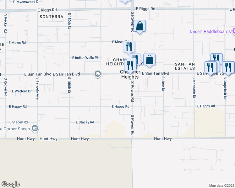map of restaurants, bars, coffee shops, grocery stores, and more near in Chandler Heights