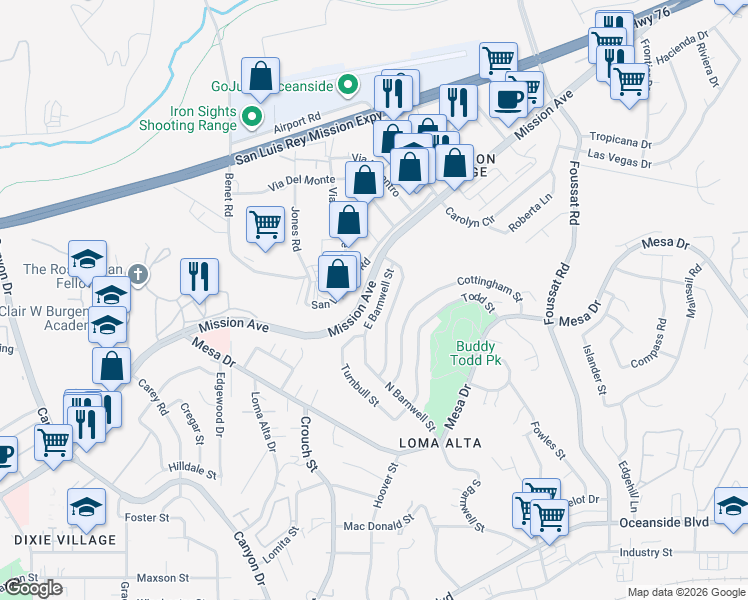 map of restaurants, bars, coffee shops, grocery stores, and more near 2925 East Barnwell Street in Oceanside