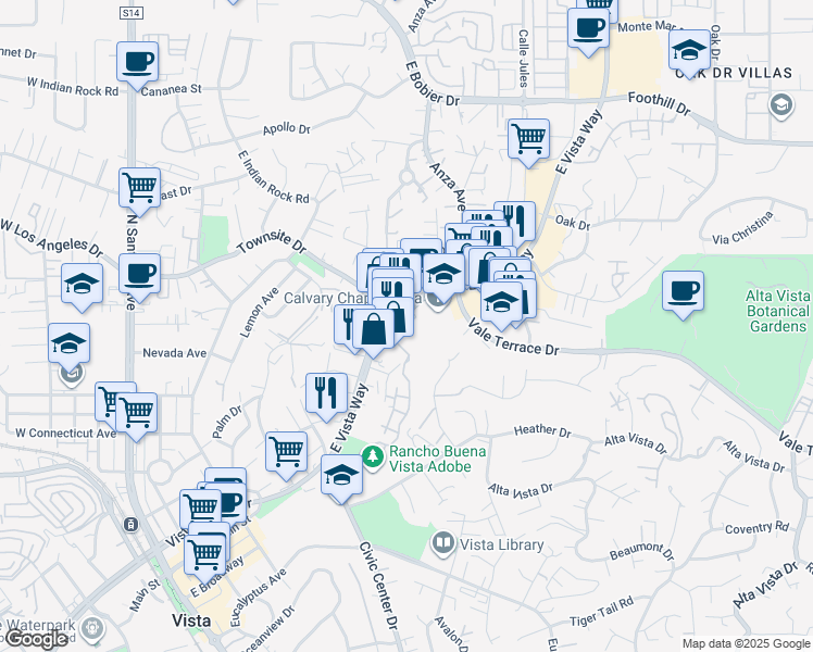 map of restaurants, bars, coffee shops, grocery stores, and more near 845 East Vista Way in Vista