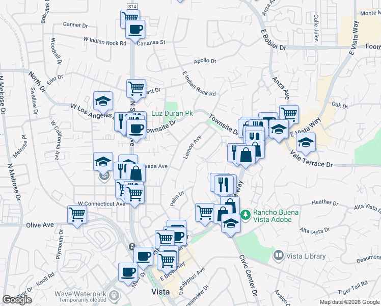 map of restaurants, bars, coffee shops, grocery stores, and more near 785 Lemon Avenue in Vista