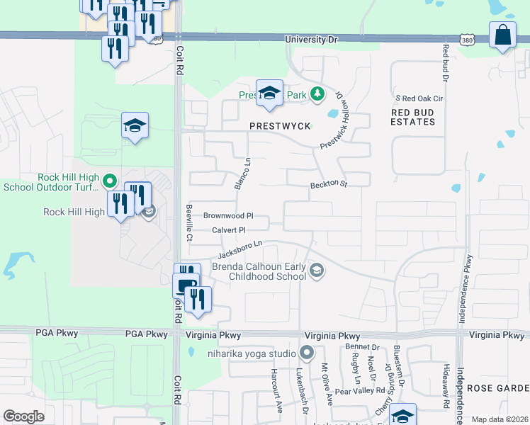 map of restaurants, bars, coffee shops, grocery stores, and more near 10800 Brownwood Place in McKinney
