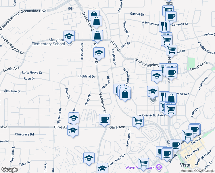 map of restaurants, bars, coffee shops, grocery stores, and more near 713-717 La Vida Circle in Vista