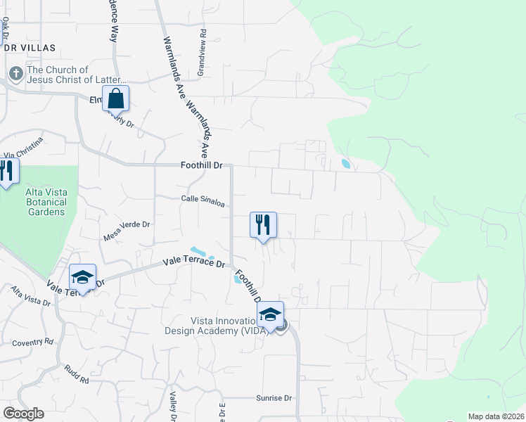 map of restaurants, bars, coffee shops, grocery stores, and more near 2156 Catalina Avenue in Vista