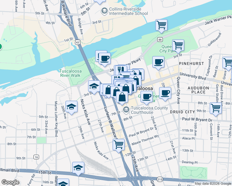 map of restaurants, bars, coffee shops, grocery stores, and more near 2316 University Boulevard in Tuscaloosa