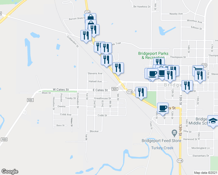 map of restaurants, bars, coffee shops, grocery stores, and more near 306 Halsell Street in Bridgeport