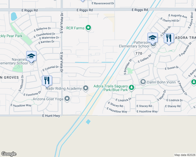 map of restaurants, bars, coffee shops, grocery stores, and more near 1843 East Gillcrest Road in Gilbert