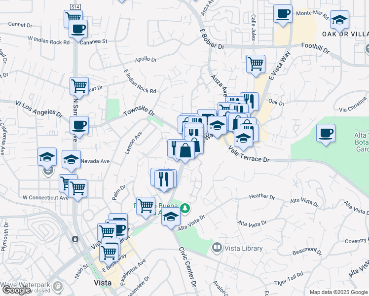 map of restaurants, bars, coffee shops, grocery stores, and more near 745 Townsite Drive in Vista