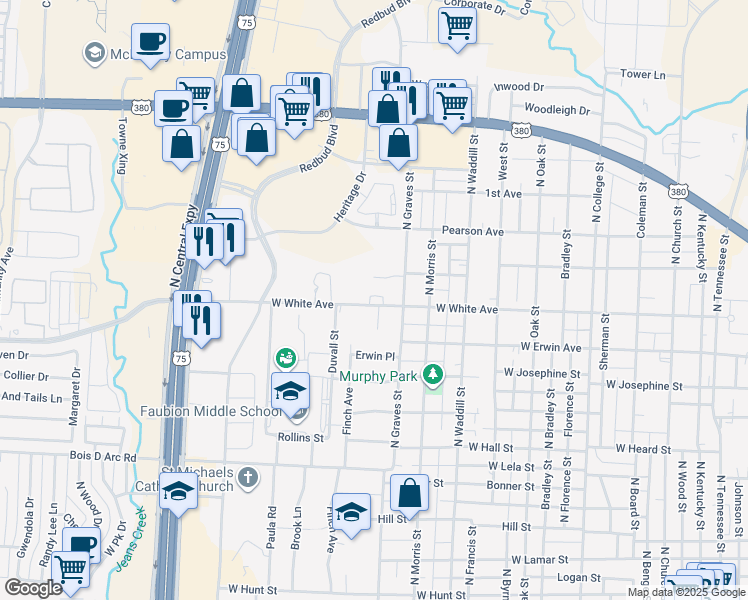 map of restaurants, bars, coffee shops, grocery stores, and more near 1412 White Way in McKinney