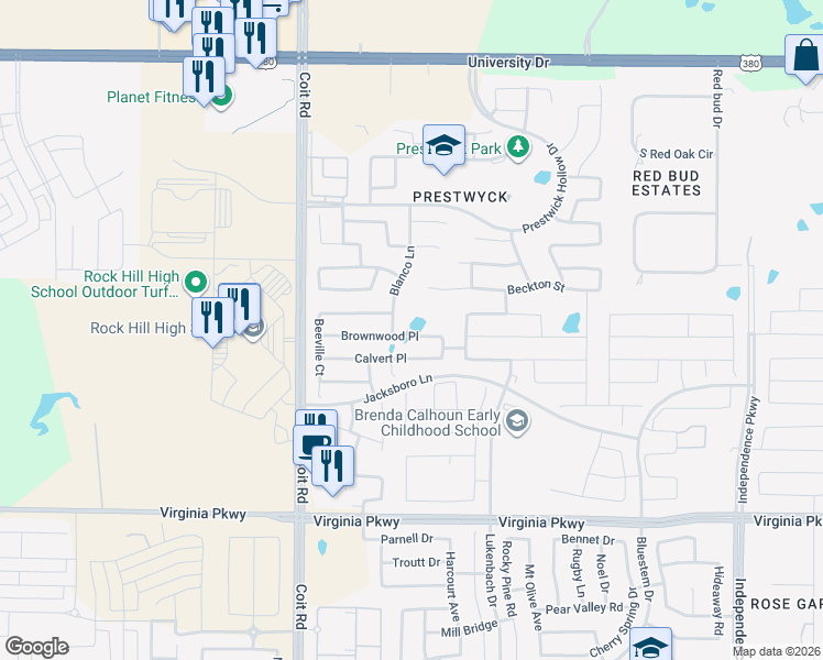 map of restaurants, bars, coffee shops, grocery stores, and more near 10824 Brownwood Place in McKinney