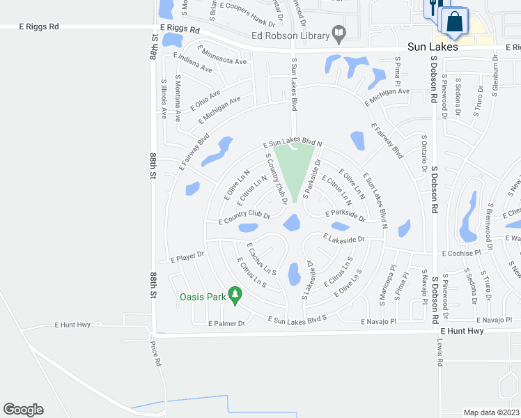 map of restaurants, bars, coffee shops, grocery stores, and more near 9105 East Country Club Drive in Sun Lakes