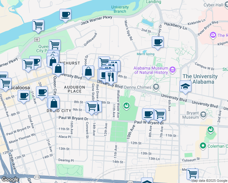 map of restaurants, bars, coffee shops, grocery stores, and more near 1017 6th Street in Tuscaloosa