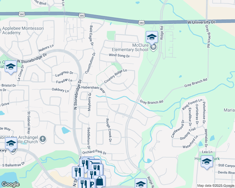 map of restaurants, bars, coffee shops, grocery stores, and more near 821 Hidden Springs Court in McKinney
