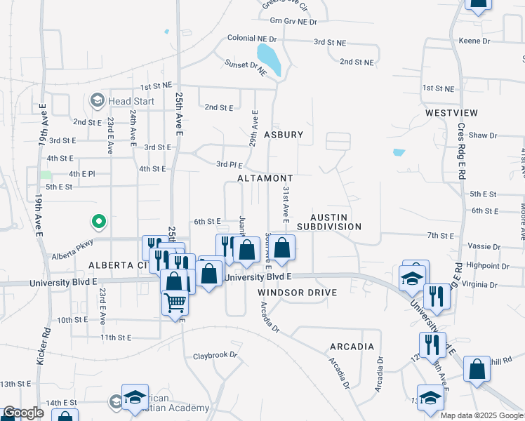 map of restaurants, bars, coffee shops, grocery stores, and more near 570 30th Avenue East in Tuscaloosa
