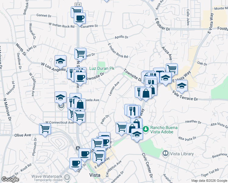map of restaurants, bars, coffee shops, grocery stores, and more near 785 Lemon Avenue in Vista