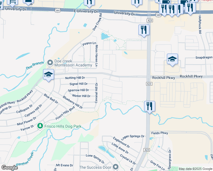 map of restaurants, bars, coffee shops, grocery stores, and more near 537 Meandering Lane in Oak Point