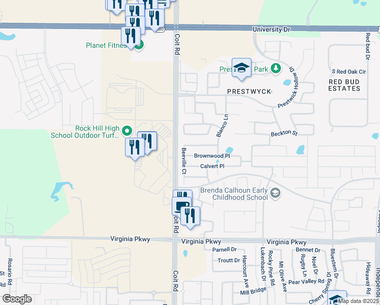 map of restaurants, bars, coffee shops, grocery stores, and more near 11012 Brownwood Place in McKinney