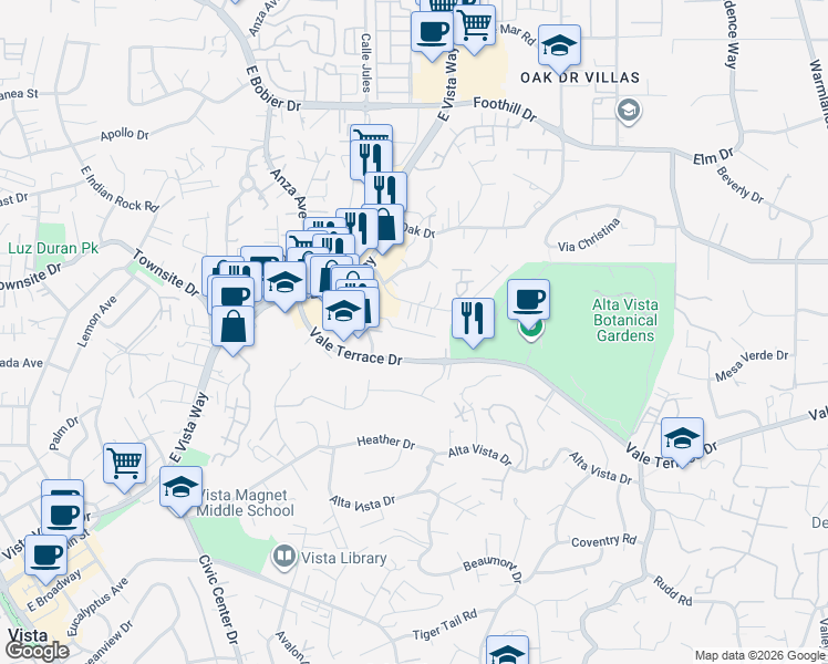 map of restaurants, bars, coffee shops, grocery stores, and more near 1010 Clearbrook Lane in Vista