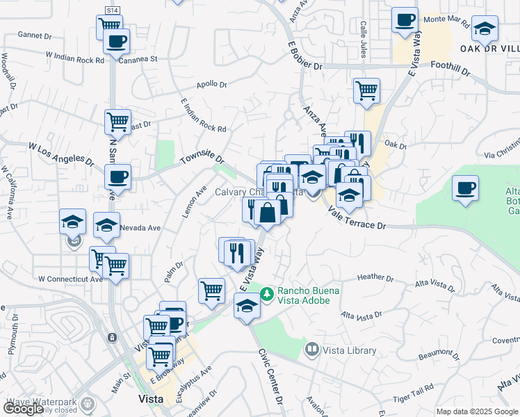 map of restaurants, bars, coffee shops, grocery stores, and more near 634 Truly Terrace in Vista