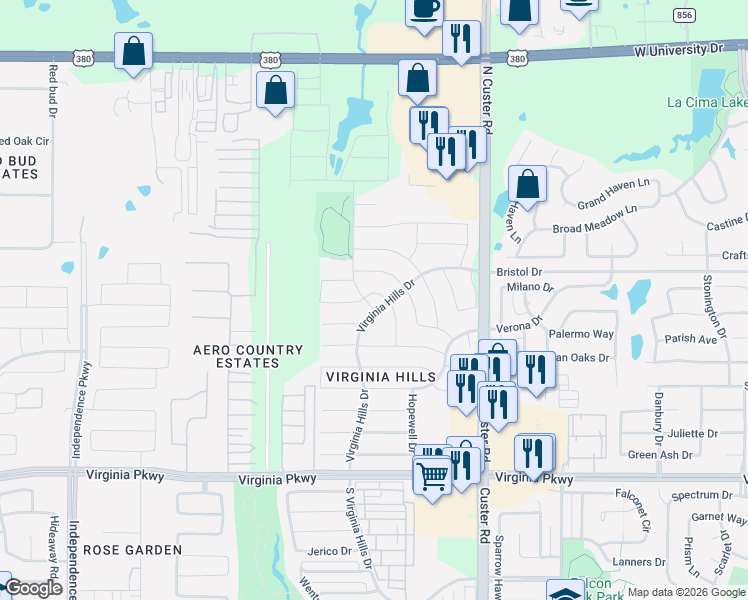 map of restaurants, bars, coffee shops, grocery stores, and more near 9205 Lenox Drive in McKinney