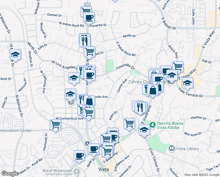 map of restaurants, bars, coffee shops, grocery stores, and more near 750 North Citrus Avenue in Vista