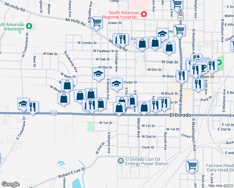 map of restaurants, bars, coffee shops, grocery stores, and more near 308 South College Avenue in El Dorado