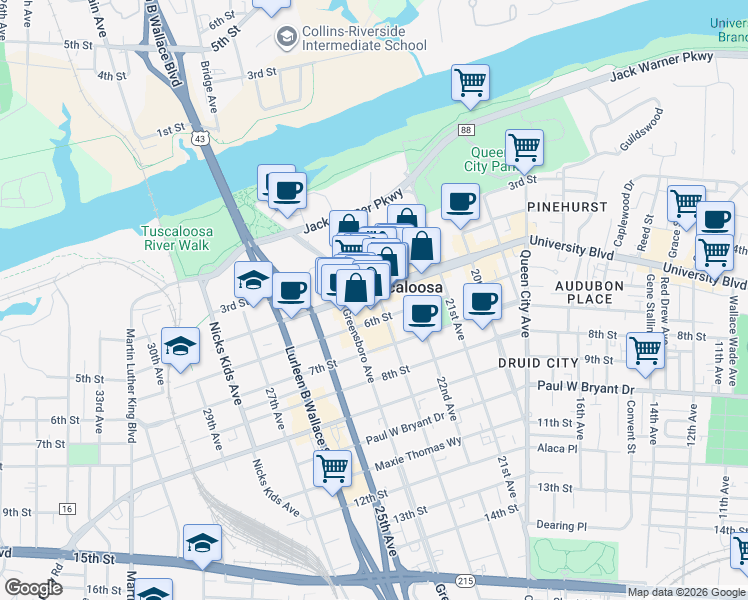 map of restaurants, bars, coffee shops, grocery stores, and more near 2301 University Boulevard in Tuscaloosa