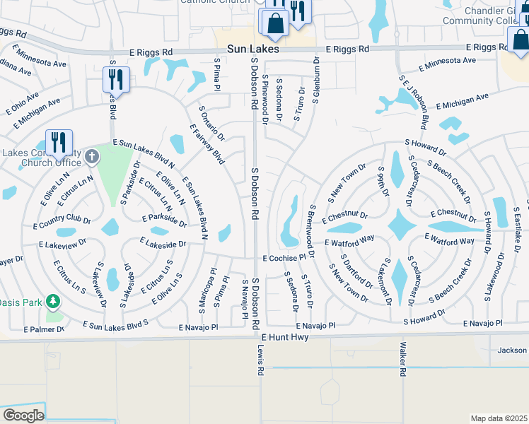 map of restaurants, bars, coffee shops, grocery stores, and more near 26027 South Glenburn Drive in Sun Lakes