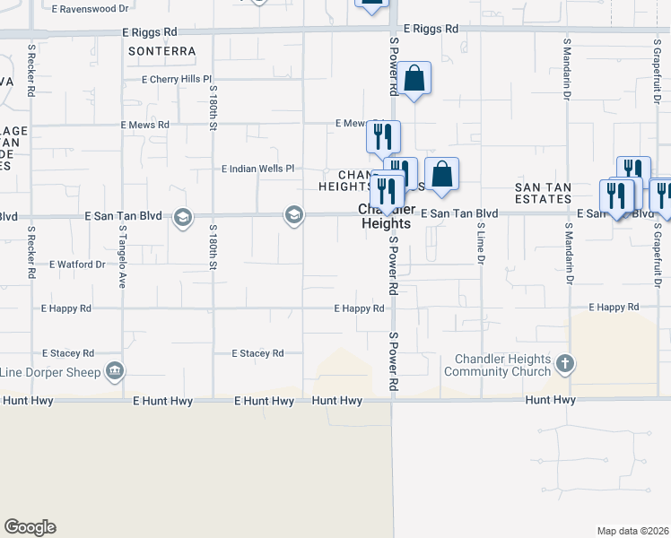 map of restaurants, bars, coffee shops, grocery stores, and more near 18234 East County Down Drive in Queen Creek