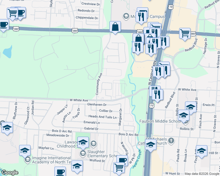 map of restaurants, bars, coffee shops, grocery stores, and more near 1212 Community Avenue in McKinney
