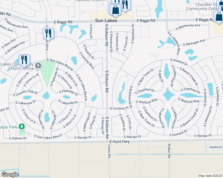 map of restaurants, bars, coffee shops, grocery stores, and more near 26027 South Glenburn Drive in Sun Lakes