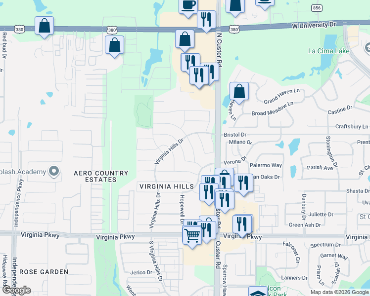 map of restaurants, bars, coffee shops, grocery stores, and more near 900 Charlotte Drive in McKinney