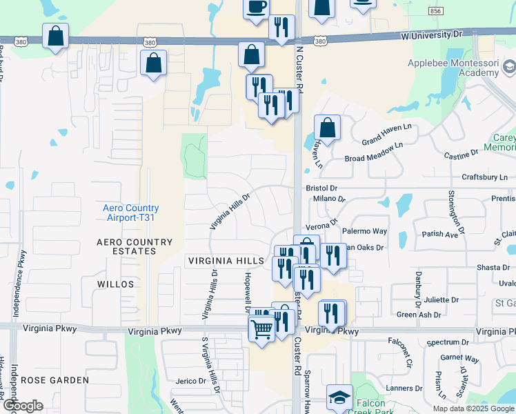 map of restaurants, bars, coffee shops, grocery stores, and more near 813 Charlotte Drive in McKinney