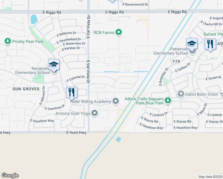 map of restaurants, bars, coffee shops, grocery stores, and more near 1781 East Gillcrest Road in Gilbert