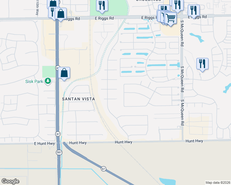 map of restaurants, bars, coffee shops, grocery stores, and more near 11639 East Chestnut Court in Chandler
