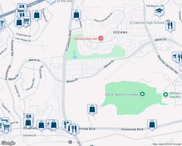 map of restaurants, bars, coffee shops, grocery stores, and more near 3656 Mount Vernon Avenue in Oceanside
