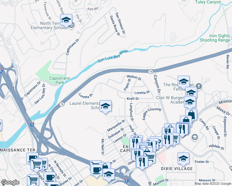 map of restaurants, bars, coffee shops, grocery stores, and more near 1517 Loretta Street in Oceanside