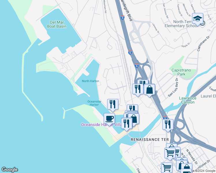 map of restaurants, bars, coffee shops, grocery stores, and more near 610 Nautilus Street in Oceanside