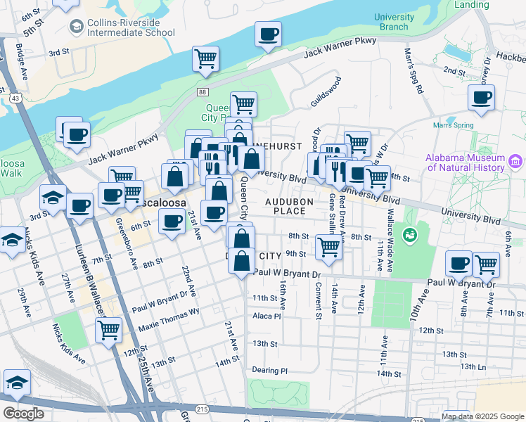 map of restaurants, bars, coffee shops, grocery stores, and more near 20 Audubon Place in Tuscaloosa