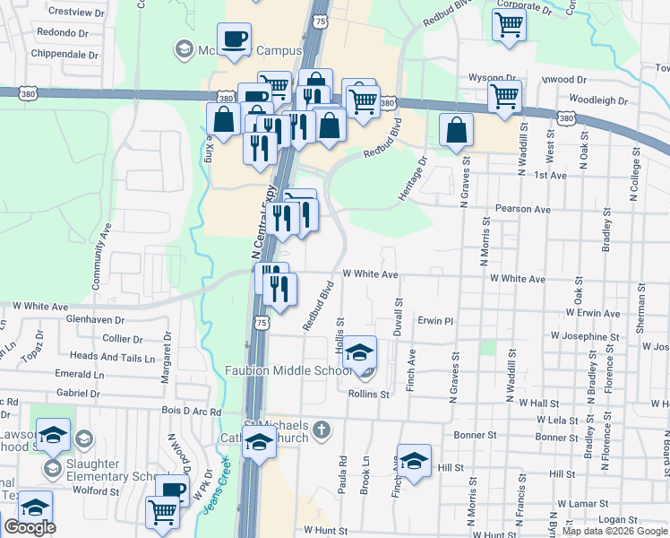 map of restaurants, bars, coffee shops, grocery stores, and more near 1410 North Redbud Boulevard in McKinney