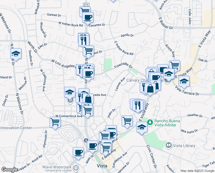 map of restaurants, bars, coffee shops, grocery stores, and more near 750 North Citrus Avenue in Vista