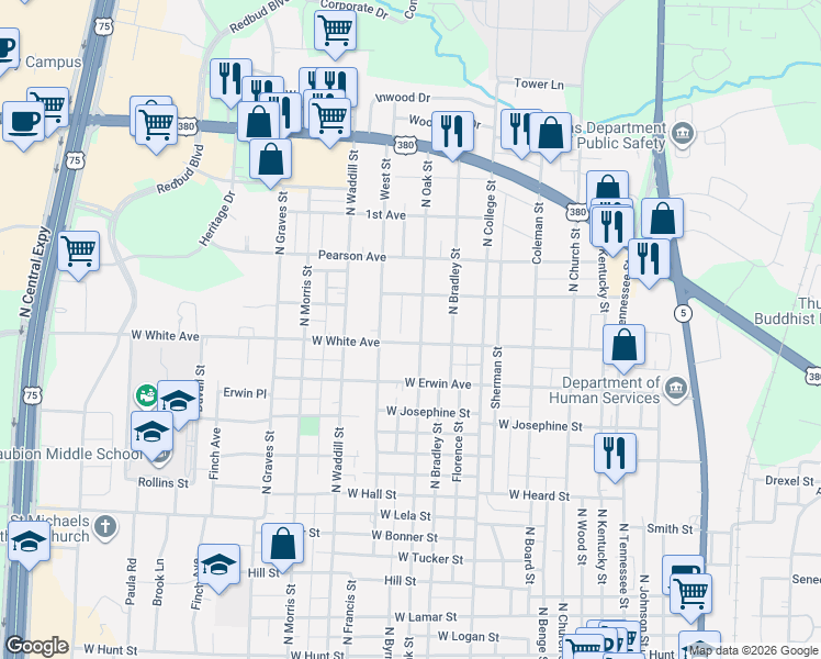 map of restaurants, bars, coffee shops, grocery stores, and more near 1002 West White Avenue in McKinney