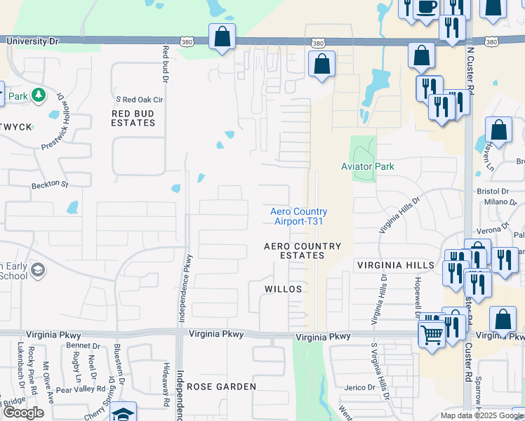 map of restaurants, bars, coffee shops, grocery stores, and more near 10195 Doolittle in McKinney