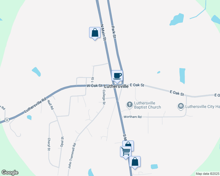 map of restaurants, bars, coffee shops, grocery stores, and more near 6 West Oak Street in Luthersville