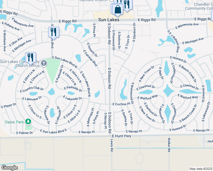 map of restaurants, bars, coffee shops, grocery stores, and more near 9553 East Fairway Boulevard in Sun Lakes