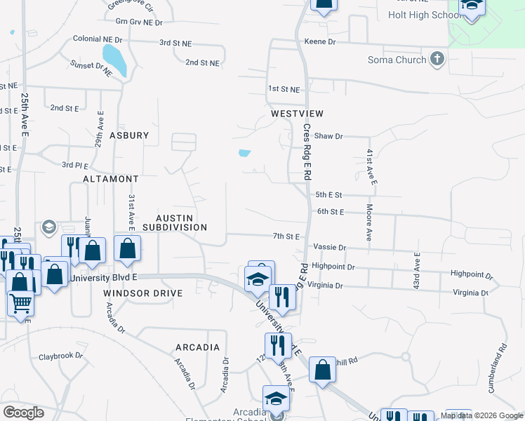 map of restaurants, bars, coffee shops, grocery stores, and more near 3614 Crescent Gardens Drive in Tuscaloosa