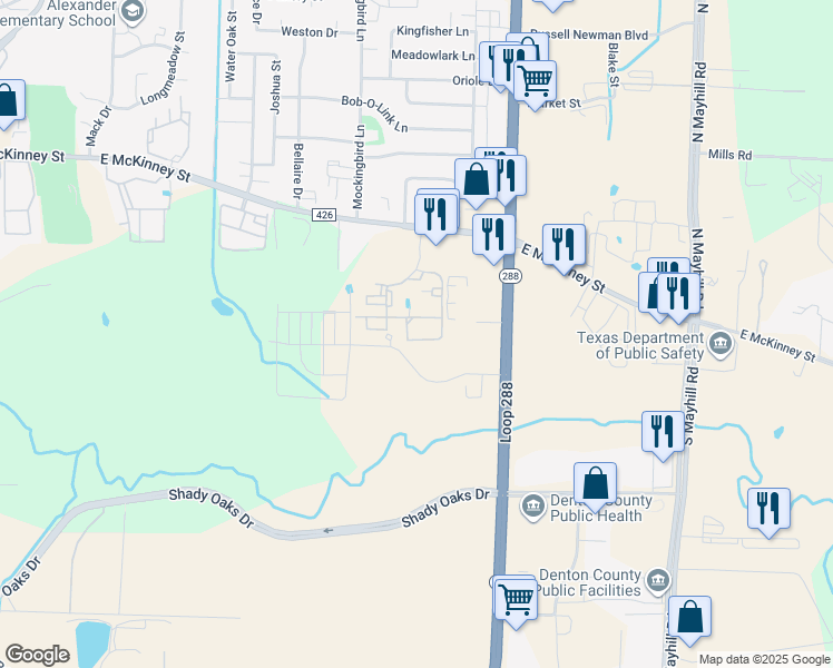 map of restaurants, bars, coffee shops, grocery stores, and more near 3500 East McKinney Street in Denton